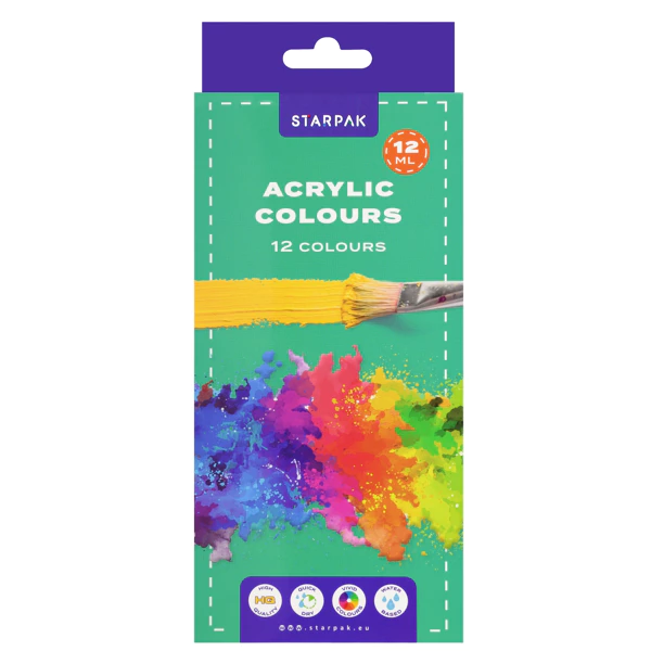 Starpak akrüülvärvide komplekt – 12 erinevat värvi, 12 ml tuubid